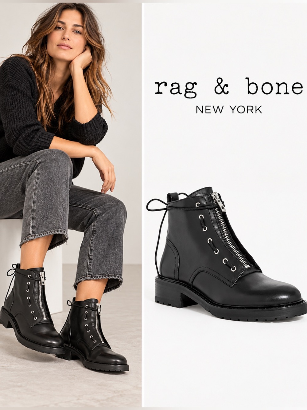 rag & bone Cannon Boot Leather Combat Boots Black US 8